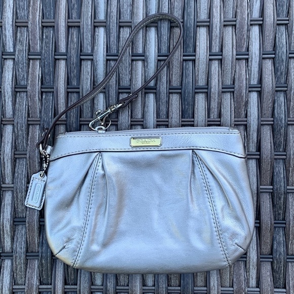 Coach Handbags - Coach Silver/Pewter Leather Pleated Medium Wristlet